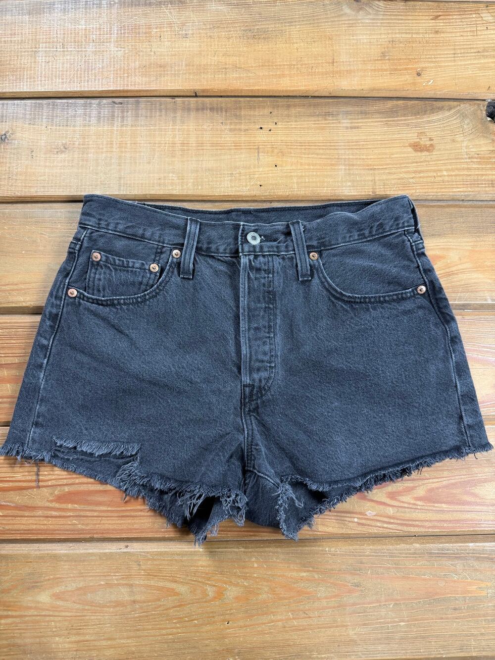 Levi’s 501 Original Black Cutoff Denim Shorts Button Fly High Rise Distressed
